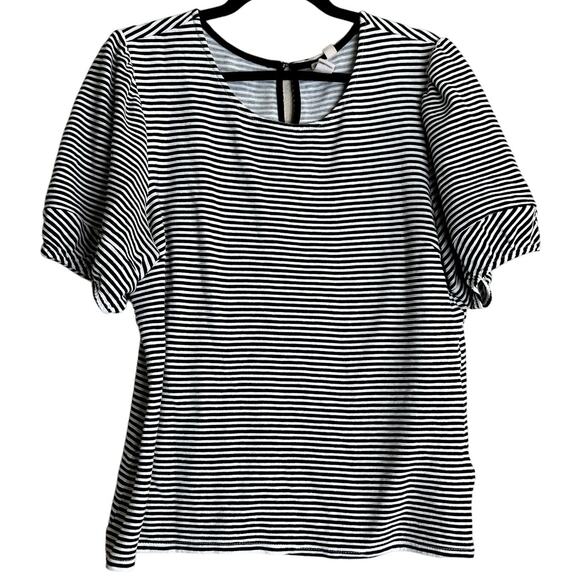 Dolan Anthropologie Top Women Large White & Back Stripes Puff Short Sleeve - Picture 1 of 9